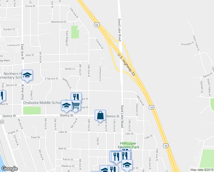 map of restaurants, bars, coffee shops, grocery stores, and more near 1101 Redwood Street in Onalaska