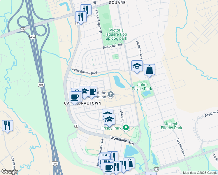 map of restaurants, bars, coffee shops, grocery stores, and more near 28 Prince Regent Street in Markham