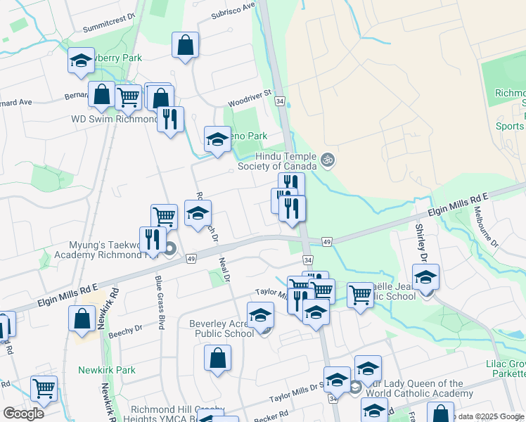 map of restaurants, bars, coffee shops, grocery stores, and more near 43 Causland Lane in Richmond Hill