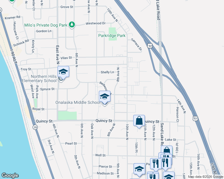 map of restaurants, bars, coffee shops, grocery stores, and more near 903 8th Avenue North in Onalaska
