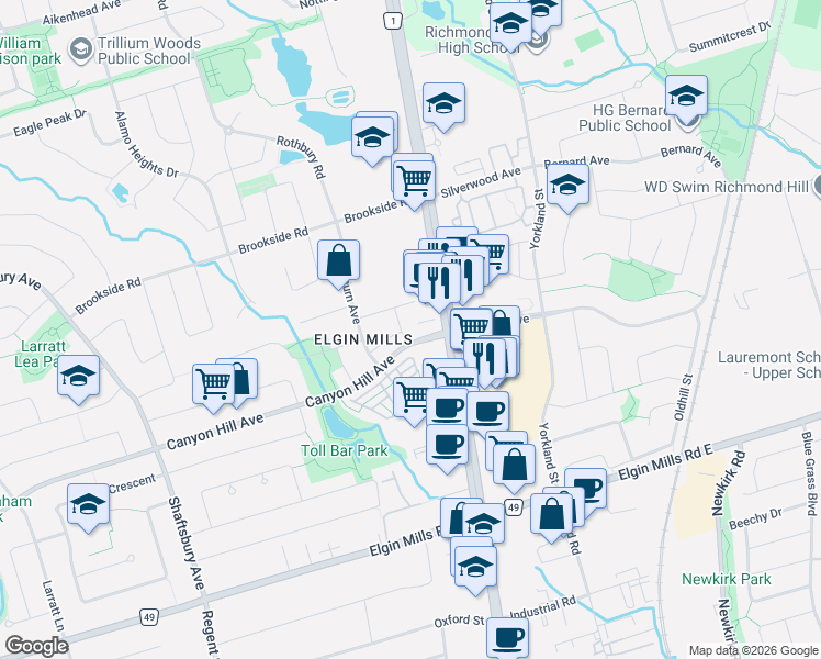 map of restaurants, bars, coffee shops, grocery stores, and more near 7 Abitibi Street in Richmond Hill