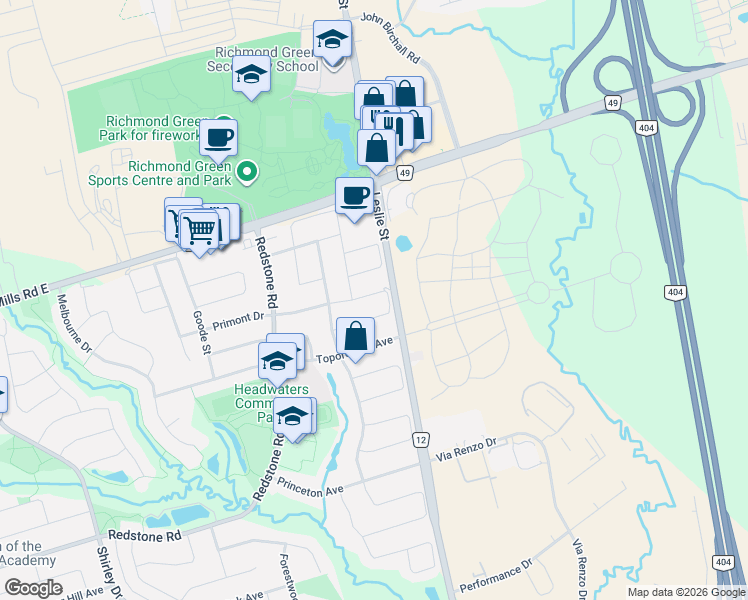 map of restaurants, bars, coffee shops, grocery stores, and more near 62 Martini Drive in Richmond Hill