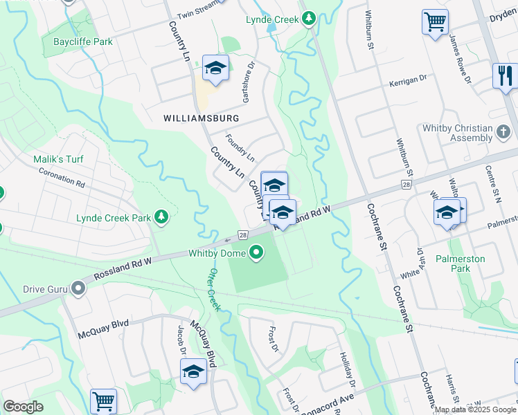 map of restaurants, bars, coffee shops, grocery stores, and more near 1 Plantation Court in Whitby
