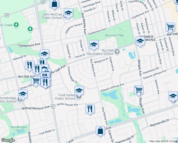 map of restaurants, bars, coffee shops, grocery stores, and more near 17 Trailsbrook Terrace in Markham
