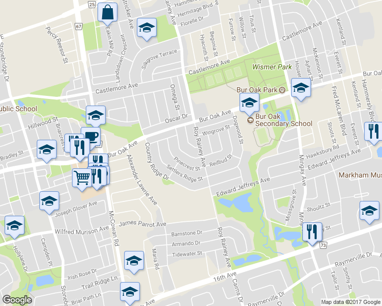 map of restaurants, bars, coffee shops, grocery stores, and more near 17 Trailsbrook Terrace in Markham