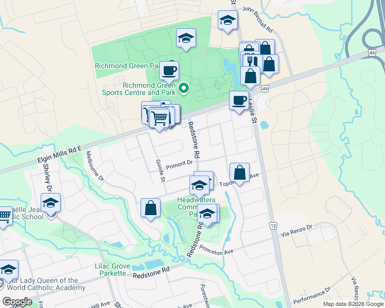 map of restaurants, bars, coffee shops, grocery stores, and more near 350 Redstone Road in Richmond Hill
