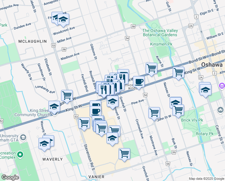 map of restaurants, bars, coffee shops, grocery stores, and more near in Oshawa