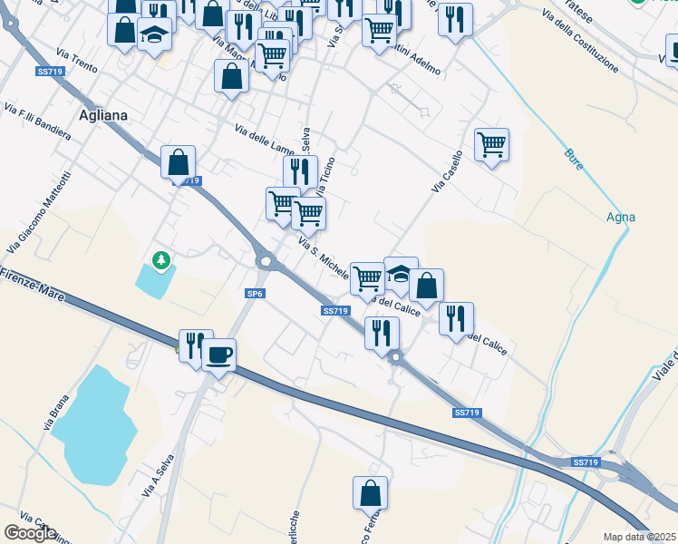 map of restaurants, bars, coffee shops, grocery stores, and more near 4 Via Chiusa in Agliana