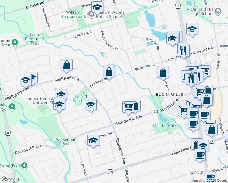 map of restaurants, bars, coffee shops, grocery stores, and more near 47 El Dorado Street in Richmond Hill