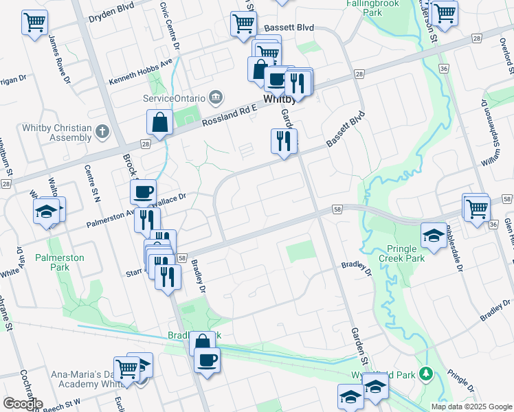 map of restaurants, bars, coffee shops, grocery stores, and more near 1 Mayfield Crescent in Whitby