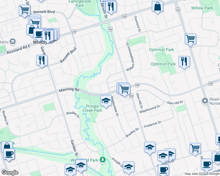 map of restaurants, bars, coffee shops, grocery stores, and more near 101 Ribblesdale Drive in Whitby
