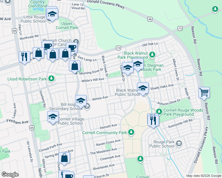 map of restaurants, bars, coffee shops, grocery stores, and more near 65 Black Creek Drive in Markham