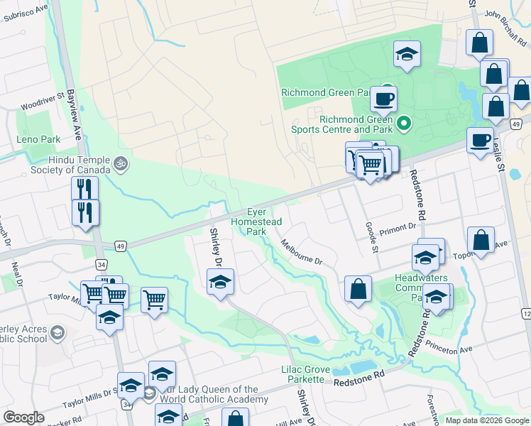 map of restaurants, bars, coffee shops, grocery stores, and more near 1045 Elgin Mills Road East in Richmond Hill