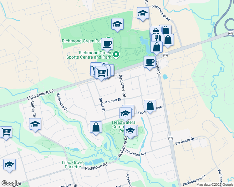 map of restaurants, bars, coffee shops, grocery stores, and more near 63 Amulet Crescent in Richmond Hill