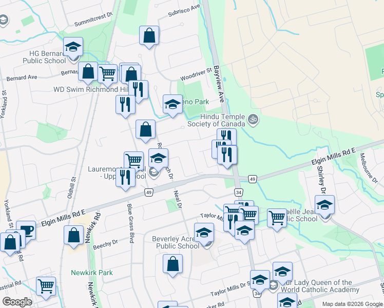 map of restaurants, bars, coffee shops, grocery stores, and more near 73 Aristotle Drive in Richmond Hill
