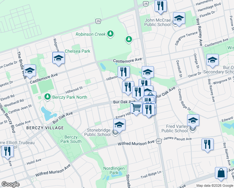 map of restaurants, bars, coffee shops, grocery stores, and more near 27 Devonwood Drive in Markham