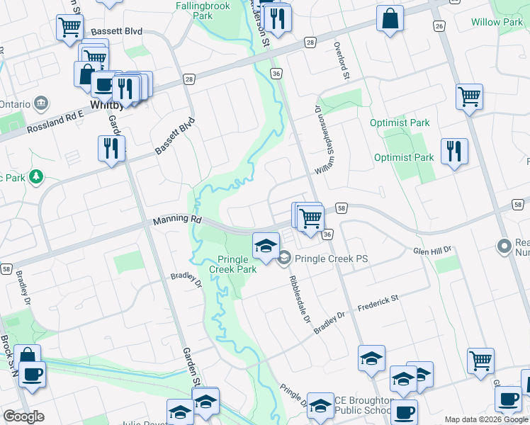 map of restaurants, bars, coffee shops, grocery stores, and more near 100 Ribblesdale Drive in Whitby