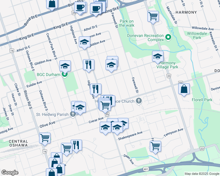 map of restaurants, bars, coffee shops, grocery stores, and more near 283 Windsor Street in Oshawa