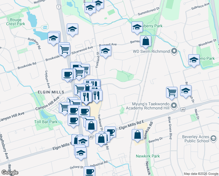 map of restaurants, bars, coffee shops, grocery stores, and more near 41 Lorraine Street in Richmond Hill