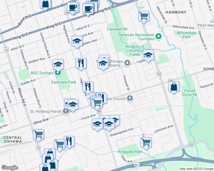 map of restaurants, bars, coffee shops, grocery stores, and more near 288 Baldwin Street in Oshawa