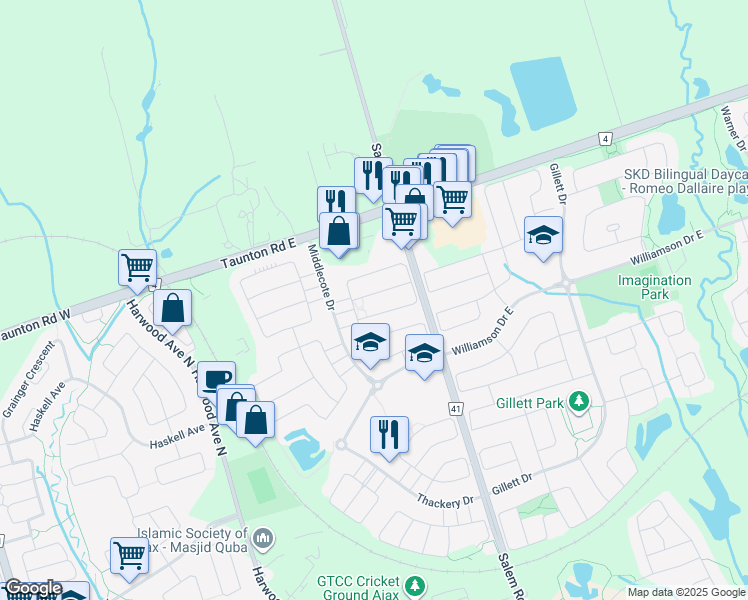 map of restaurants, bars, coffee shops, grocery stores, and more near 5 Coyle Street in Ajax