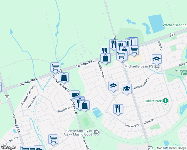 map of restaurants, bars, coffee shops, grocery stores, and more near 2 McCarrick Street in Ajax