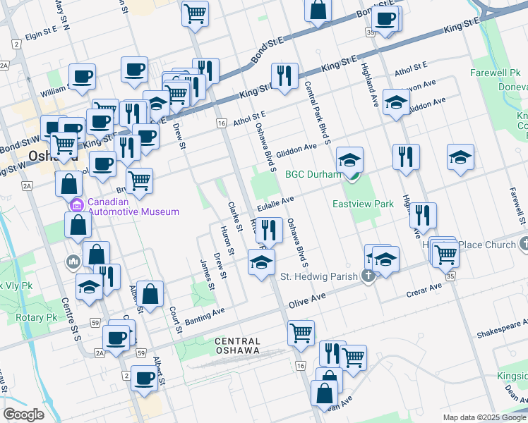 map of restaurants, bars, coffee shops, grocery stores, and more near 291 Eulalie Avenue in Oshawa