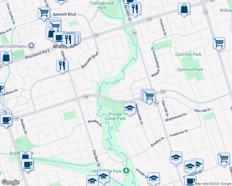 map of restaurants, bars, coffee shops, grocery stores, and more near 22 Worfolk Place in Whitby