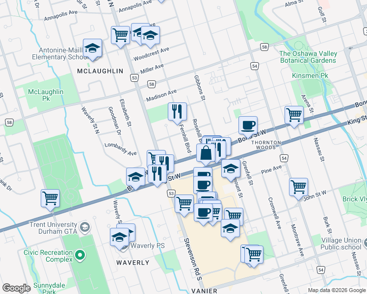 map of restaurants, bars, coffee shops, grocery stores, and more near 58 Fernhill Boulevard in Oshawa
