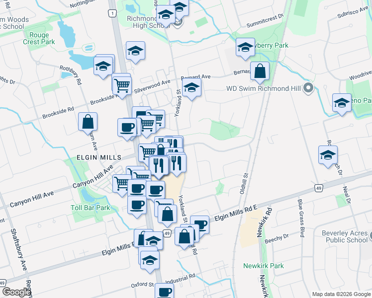map of restaurants, bars, coffee shops, grocery stores, and more near 93 Yorkland Street in Richmond Hill