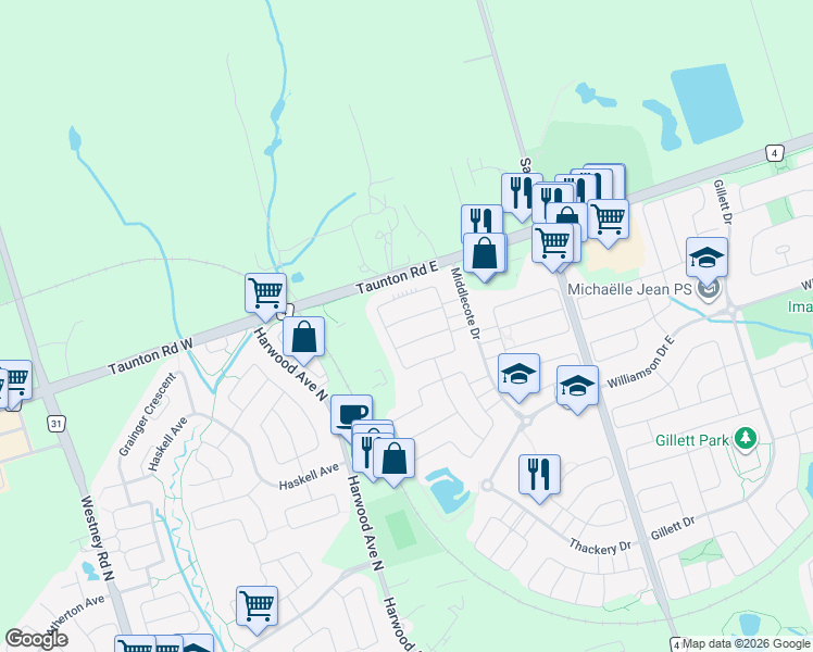 map of restaurants, bars, coffee shops, grocery stores, and more near 13 Towers Street in Ajax