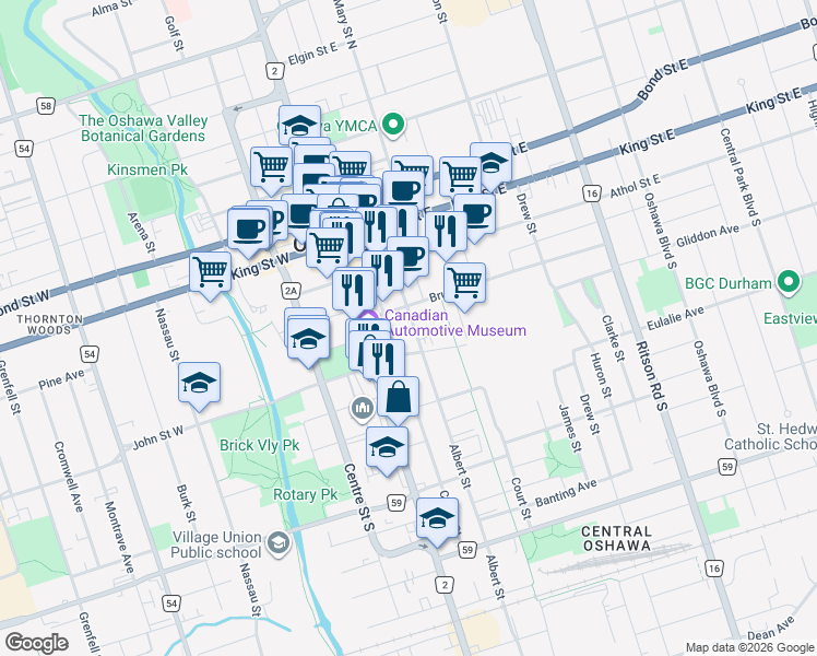 map of restaurants, bars, coffee shops, grocery stores, and more near 123 Celina Street in Oshawa