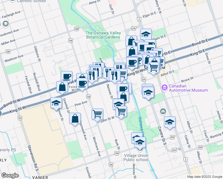 map of restaurants, bars, coffee shops, grocery stores, and more near in Oshawa