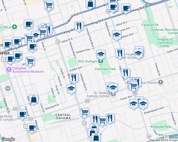 map of restaurants, bars, coffee shops, grocery stores, and more near 237 Verdun Road in Oshawa