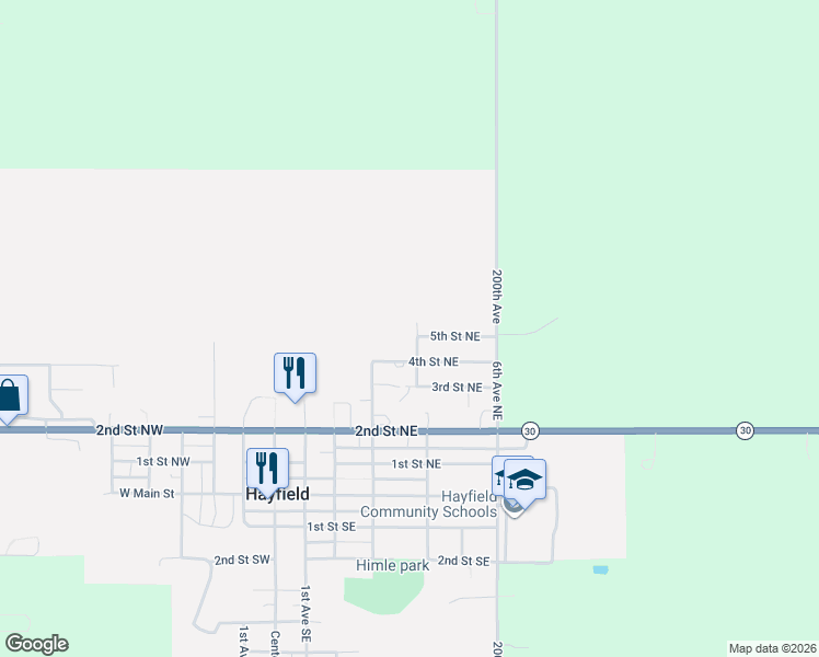 map of restaurants, bars, coffee shops, grocery stores, and more near 402 4th Avenue Northeast in Hayfield