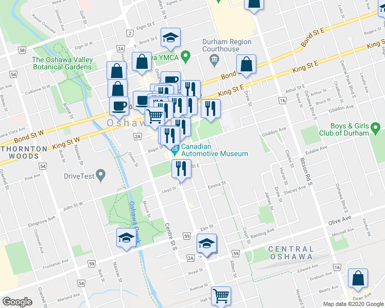 map of restaurants, bars, coffee shops, grocery stores, and more near 104 Albert Street in Oshawa