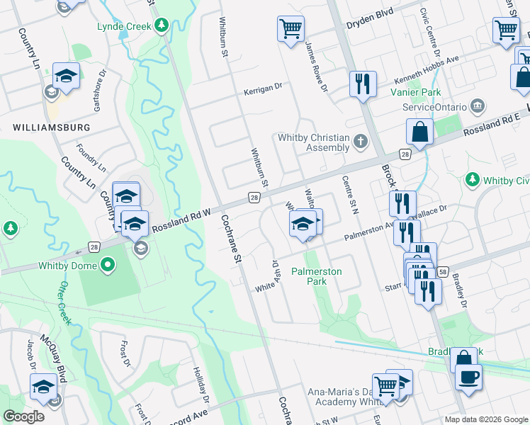 map of restaurants, bars, coffee shops, grocery stores, and more near 867 White Ash Drive in Whitby