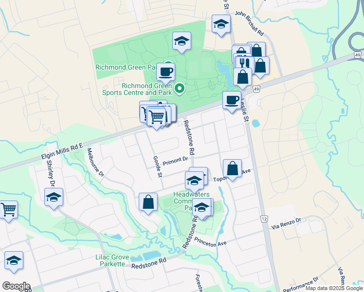 map of restaurants, bars, coffee shops, grocery stores, and more near 71 Amulet Crescent in Richmond Hill