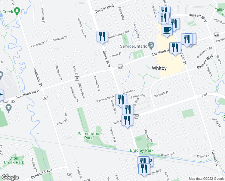 map of restaurants, bars, coffee shops, grocery stores, and more near 11 Waterstone Way in Whitby
