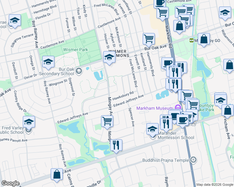 map of restaurants, bars, coffee shops, grocery stores, and more near 17 Alatera Avenue in Markham