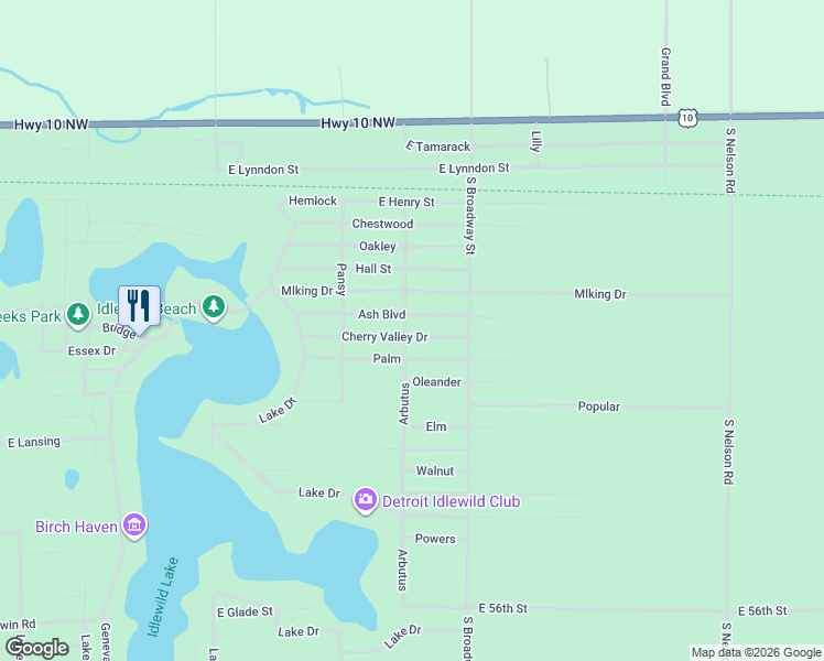 map of restaurants, bars, coffee shops, grocery stores, and more near 6579 Arbutus Drive in Idlewild