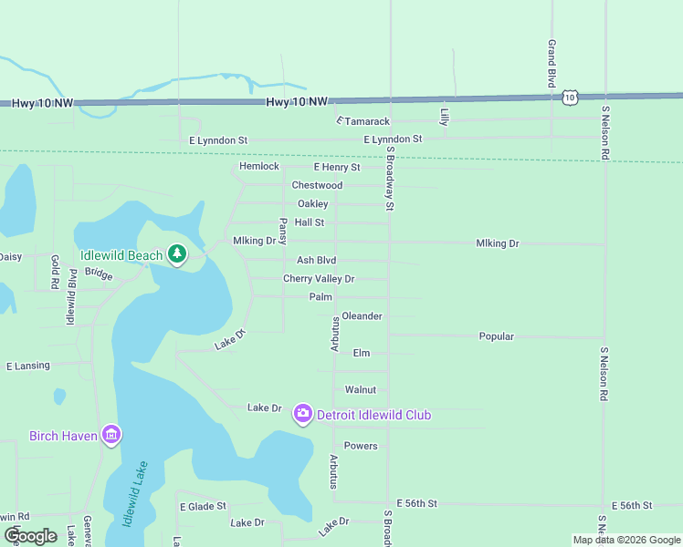 map of restaurants, bars, coffee shops, grocery stores, and more near 6579 Arbutus Drive in Idlewild