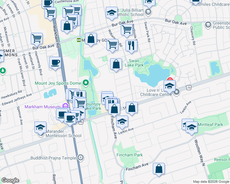 map of restaurants, bars, coffee shops, grocery stores, and more near 65 Maple Ridge Crescent in Markham