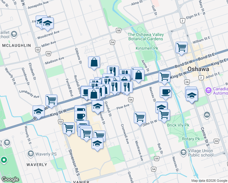 map of restaurants, bars, coffee shops, grocery stores, and more near 322 King Street West in Oshawa