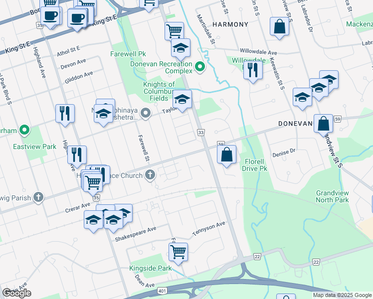 map of restaurants, bars, coffee shops, grocery stores, and more near 786 Olive Avenue in Oshawa