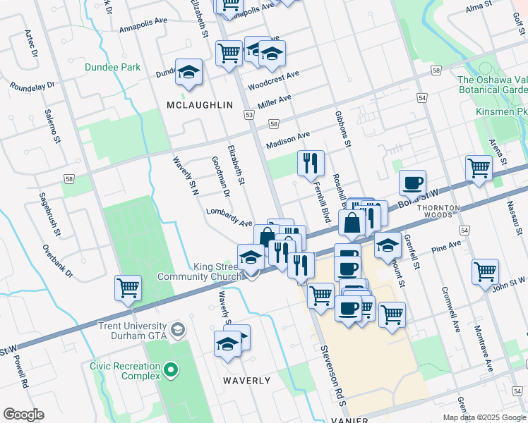 map of restaurants, bars, coffee shops, grocery stores, and more near 104 Durham Regional Road 53 in Oshawa