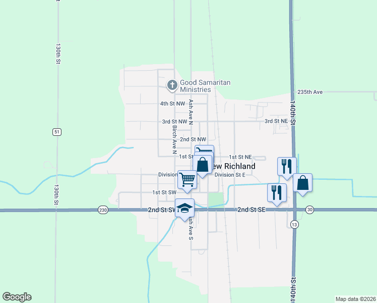 map of restaurants, bars, coffee shops, grocery stores, and more near 120 2nd Street Northwest in New Richland