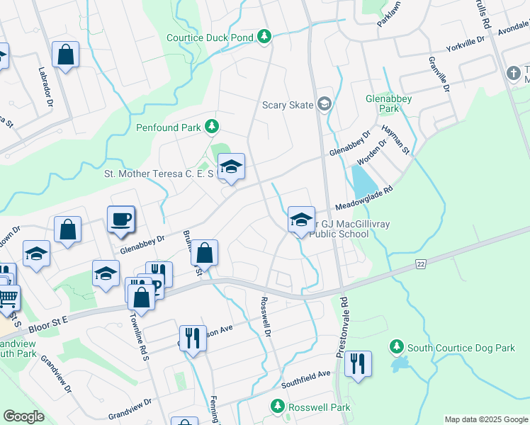 map of restaurants, bars, coffee shops, grocery stores, and more near 309 Huntington Crescent in Courtice