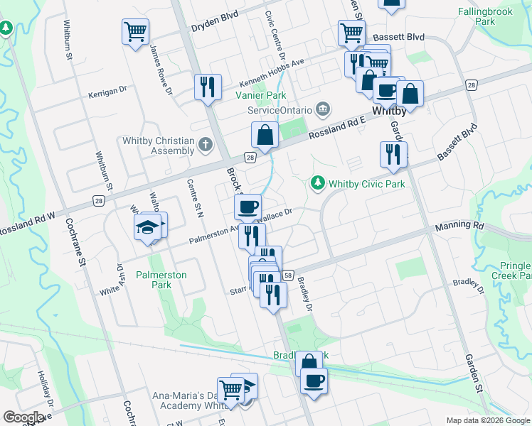 map of restaurants, bars, coffee shops, grocery stores, and more near 33 Sprucedale Way in Whitby