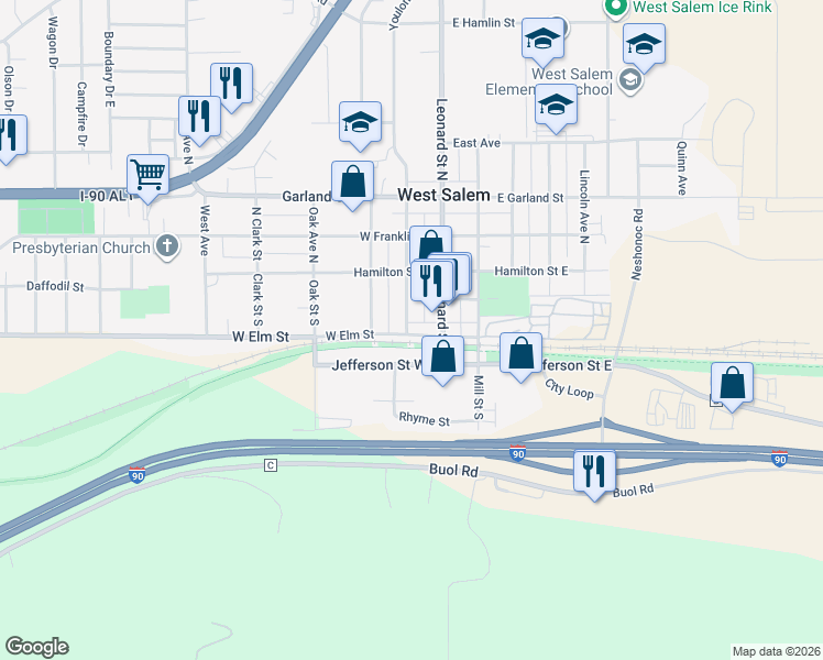 map of restaurants, bars, coffee shops, grocery stores, and more near 142 Youlon Street Street in West Salem